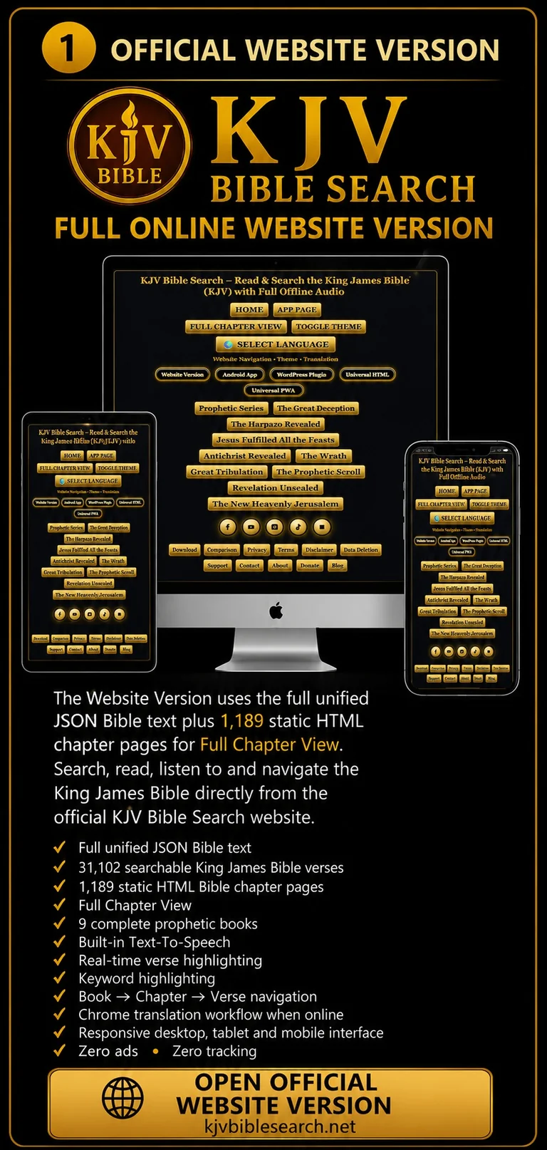 Official KJV Bible Search Website Version advert showing the responsive KJV Bible Search website on desktop and mobile devices with Full Chapter View, Text-to-Speech, highlighting and Bible navigation