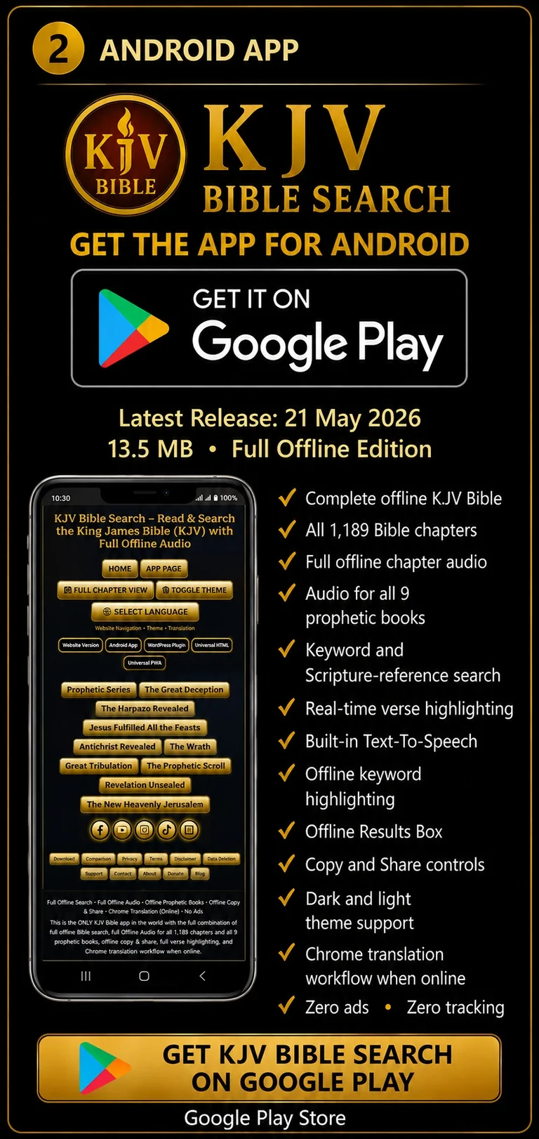 KJV Bible Search Android App advert showing the responsive full offline King James Bible interface, Scripture search, Bible audio, Text-to-Speech and Google Play availability