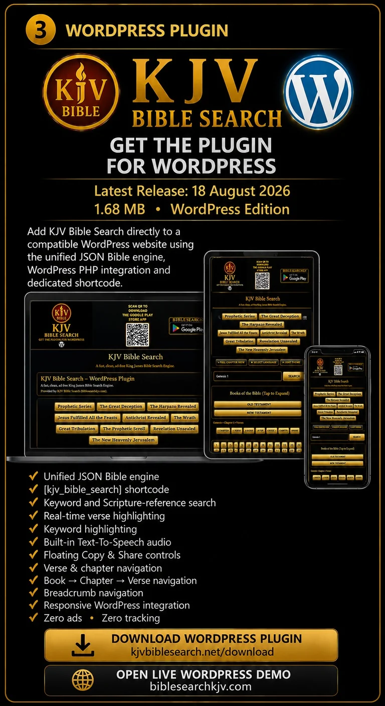KJV Bible Search WordPress Plugin advert showing the live responsive WordPress Bible search engine, unified JSON Bible database, Scripture search, Text-to-Speech, highlighting, navigation and download information
