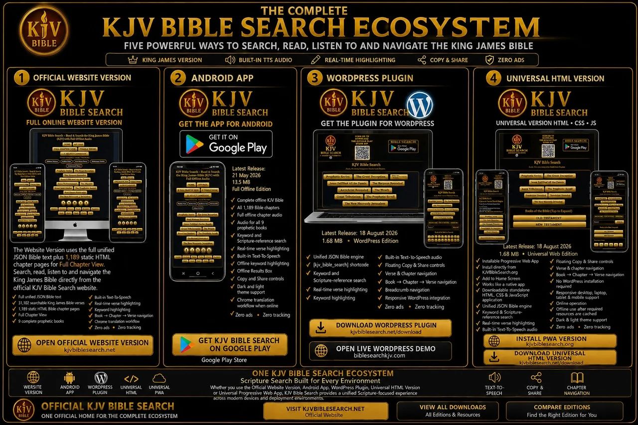 The Complete KJV Bible Search Ecosystem showing four products: Official Website Version, Android App, WordPress Plugin and Universal HTML Version with live installable Progressive Web App functionality